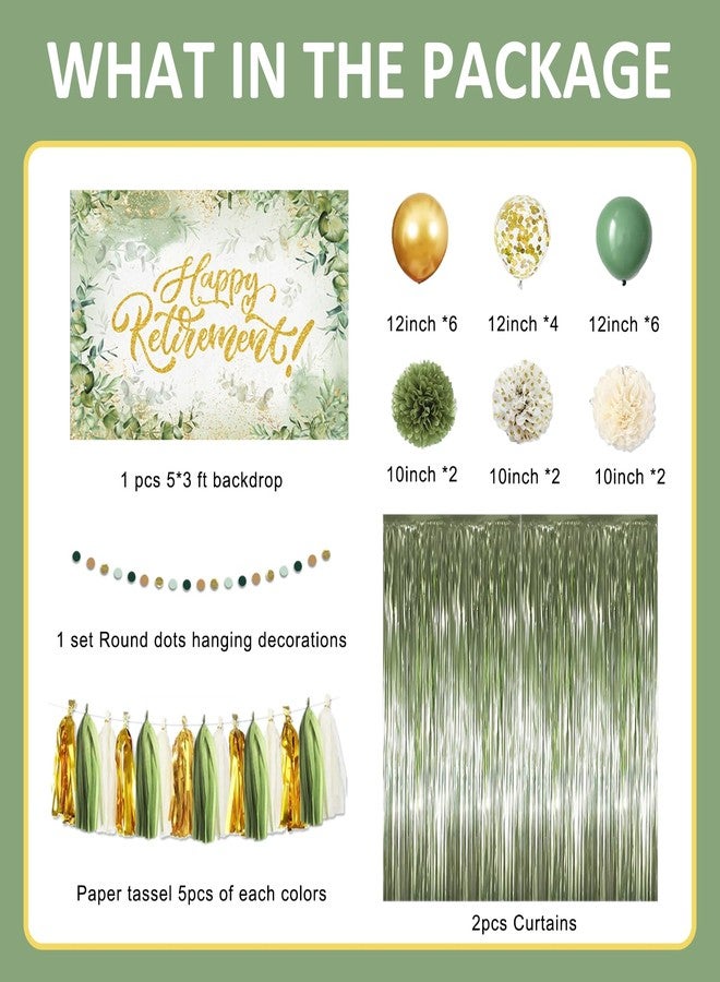 Racenaf Sage Green Retirement Party Decorations - Happy Retirement Banner, Foil Curtains, Backdrop, Tissue Paper Pom Poms, Latex and Confetti Balloons - Image 2