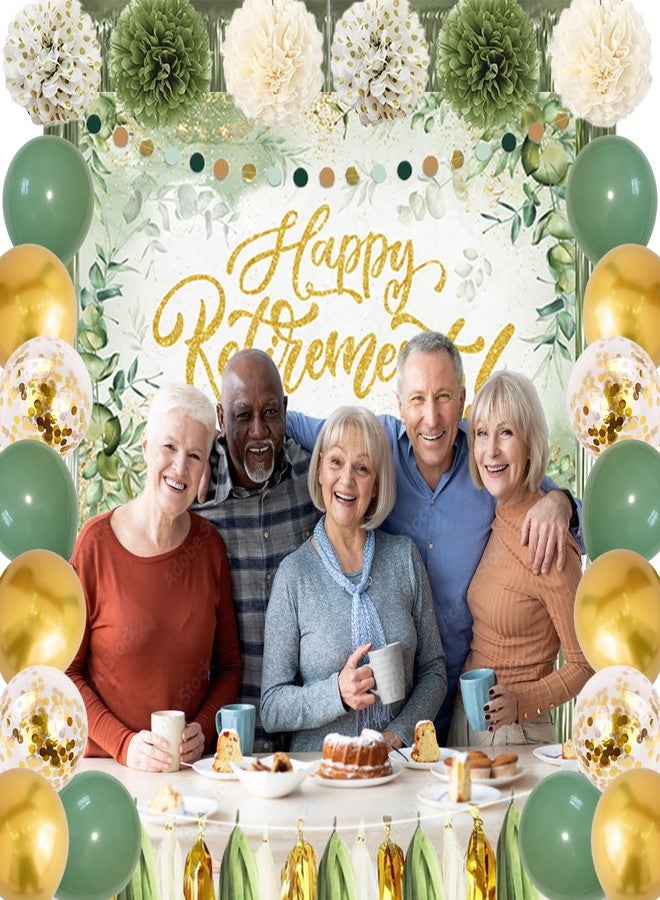 Racenaf Sage Green Retirement Party Decorations - Happy Retirement Banner, Foil Curtains, Backdrop, Tissue Paper Pom Poms, Latex and Confetti Balloons - Image 5