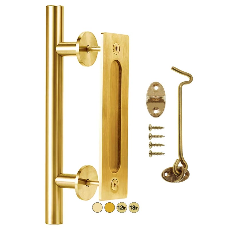 Rio Salto 12Inch Gold Barn Door Handle Kit with Latch Lock Set Closet Brass Finish Pull Handle Flush Handles Hardware Large Sliding Door Handles 1Door Gold 1Pack wLock - Image 2