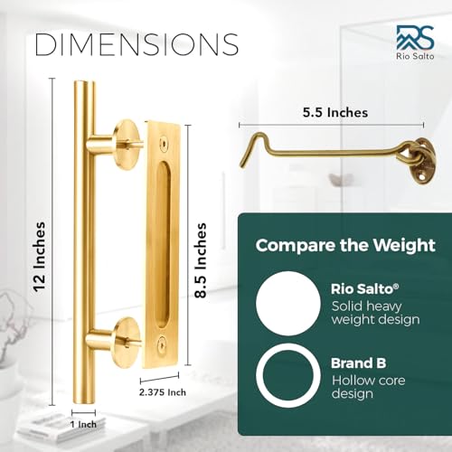 Rio Salto 12Inch Gold Barn Door Handle Kit with Latch Lock Set Closet Brass Finish Pull Handle Flush Handles Hardware Large Sliding Door Handles 1Door Gold 1Pack wLock - Image 3