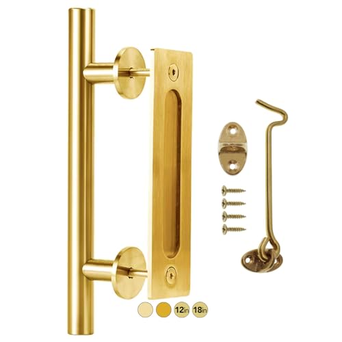 Rio Salto 12Inch Gold Barn Door Handle Kit with Latch Lock Set Closet Brass Finish Pull Handle Flush Handles Hardware Large Sliding Door Handles 1Door Gold 1Pack wLock - Image 1