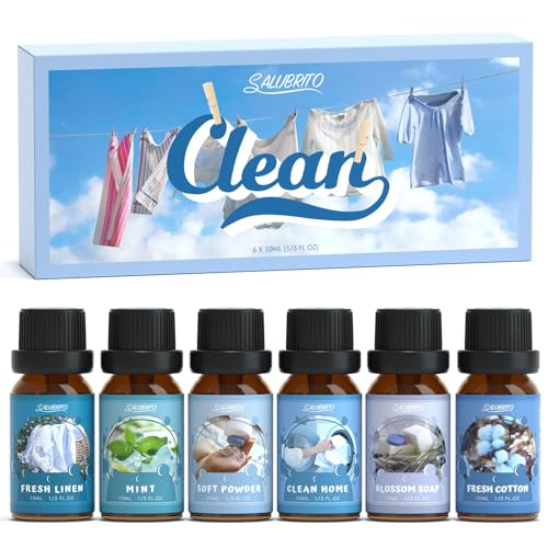 SALUBRITO Clean Fragrance Oils Set, Premium Essential Oils Set for Diffuser, Candle, Soap Making, Fresh Cotton, Clean Home, Fresh Linen, Soft Powder, Blossom Soap, Mint, Strong Scented Oils - Image 1
