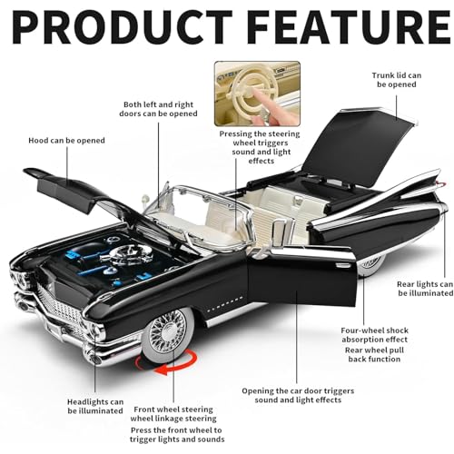 DEZICON 1:24 Scale Cadillac Eldorado 1950 Toy Car for Kids Collection Diecast Metal Model Car with Light Sound Pull Back Openable Door - Image 3