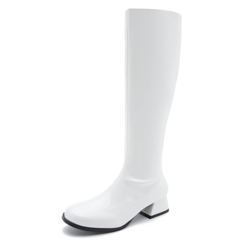 GOGO Boots for Women Knee High Boots Low Block Heel Zipper Boots Ladies Party Dance Shoes White 40 US 9