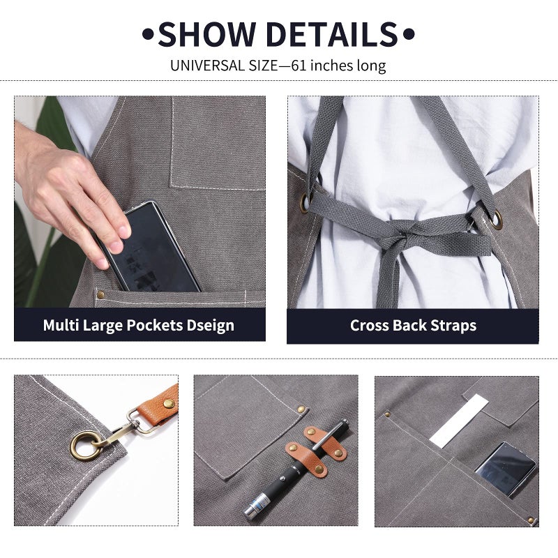 ZOMAO Chef Apron  Apron for Men Women with Adjustable Straps Cotton Canvas Cross Back Adjustable Apron with Pockets for Women and Men(Grey) - Image 5