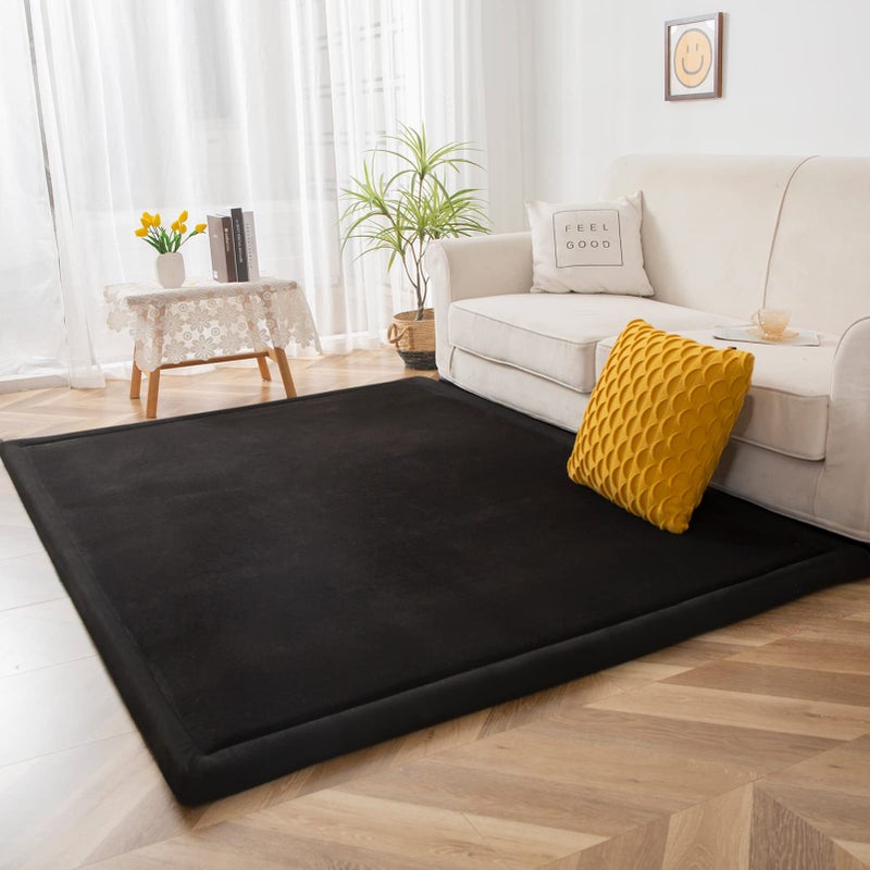 MAXYOYO Black Coral Velvet Area Rug, Thick Japanese Tatami Mat Living Room Carpet with Non-Slip Backing, Large Solid Color Mat for Bedroom Dormitory Yoga, 59 by 78 inch - Image 1