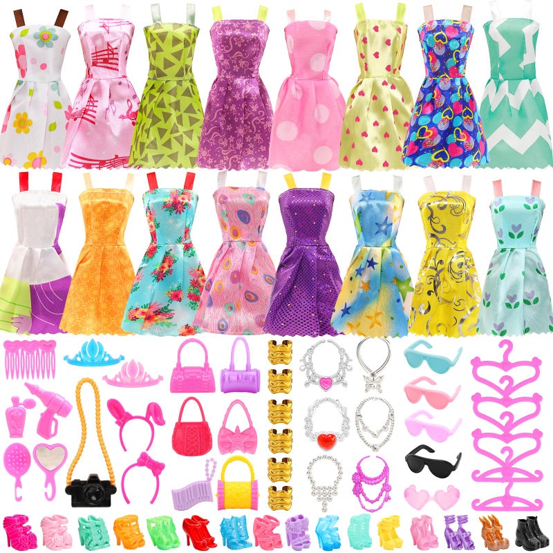 BARWA 53 pcs Doll Clothes and Accessories 10 pcs Party Dresses with 42 pcs Shoes Crown Necklace Hangers Bags Accessories for 115 inch Doll - Image 2