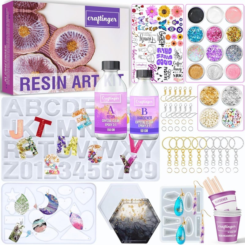 Craftinger DIY 85 Pcs Pro Resin Art Kit with 200 Gm Resin and Coasters Alphabet Keychain Earring Making Kit with Pigment Glitter Mica and More Multicolour
