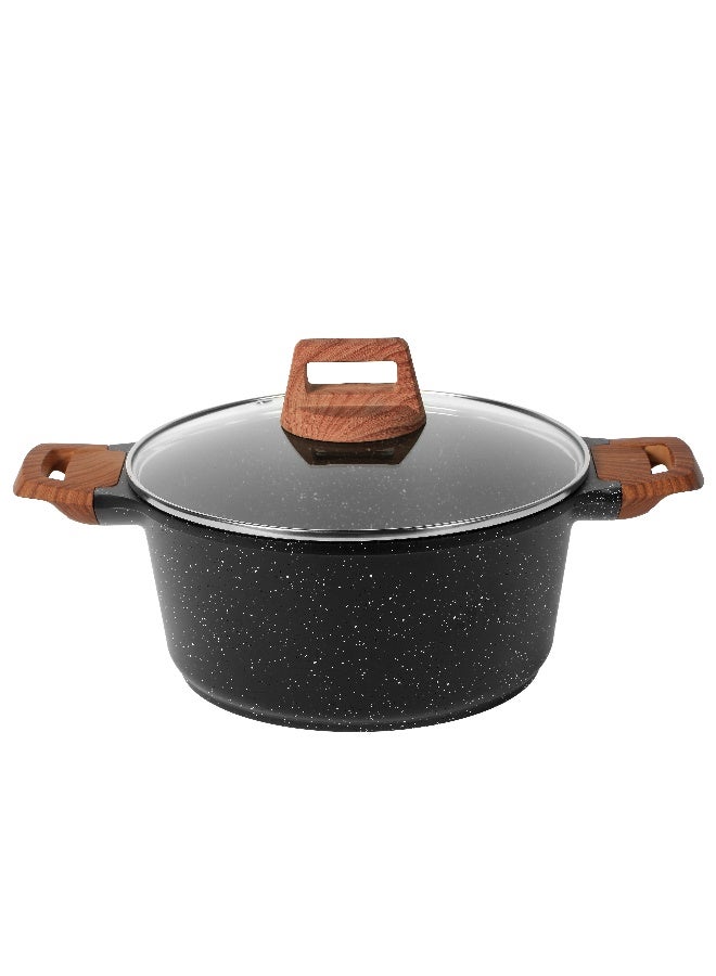 ESLITE LIFE Casserole Dish 28Cm with Glass lid | Aluminum | Non-stick Ceramic coating | Scratch Resistant & Durable | Soft touch wooden esthetic handle , Black - Image 3