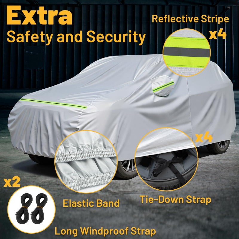 Favoto SUV Car Cover Waterproof - All Weather for Automobiles 6 Layers Heavy Duty Outdoor Full Car Cover Sun Protection with Side Zipper Windproof Straps, Universal Fit for SUV (188-198 inch) - Image 4