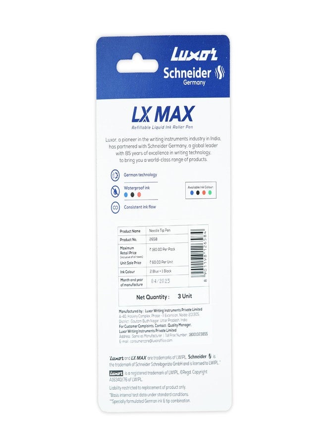 Dresz Luxor Dresz Schneider,LX MAX Roller Ball Pen,Pack Of 3,2 Blue+1 Black,Needle Tip,0.5Mm,100% German Technology,1000+ Mtrs Writing Length,Waterproof Ink,Ideal For Students & Professionals. - Image 4