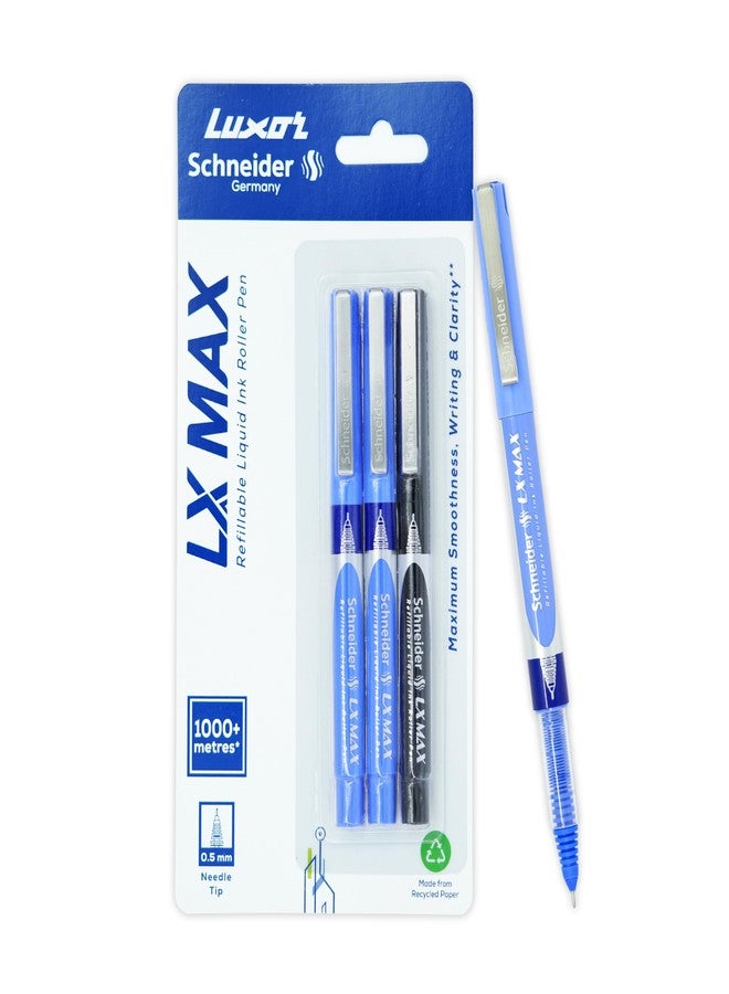 Dresz Luxor Dresz Schneider,LX MAX Roller Ball Pen,Pack Of 3,2 Blue+1 Black,Needle Tip,0.5Mm,100% German Technology,1000+ Mtrs Writing Length,Waterproof Ink,Ideal For Students & Professionals. - Image 1