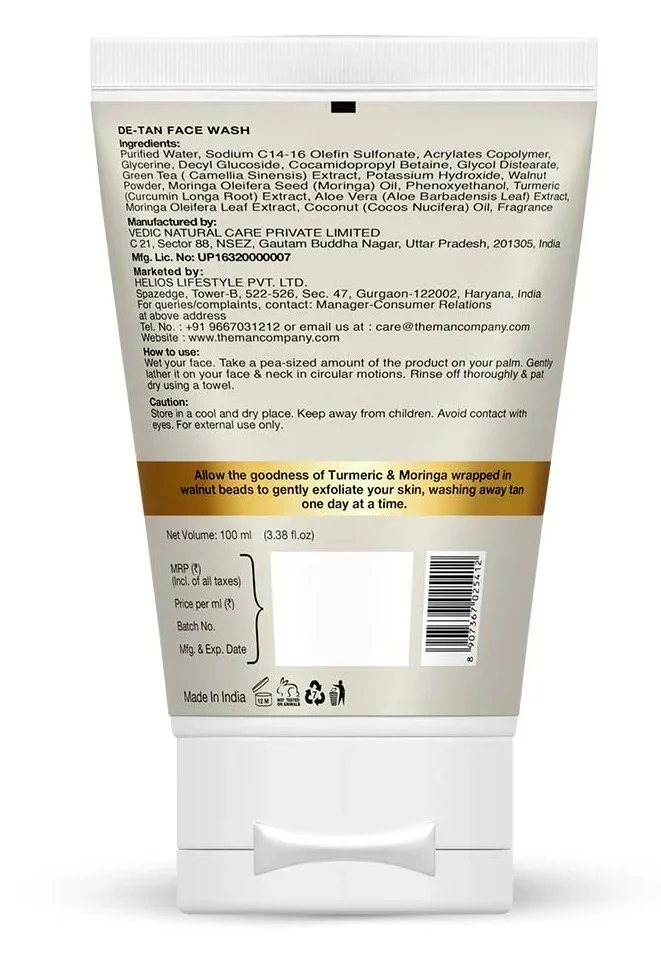 The Man Company  De Tan Face Wash for Men with Turmeric & Moringa | Tan Removal, Oil Control & Anti-Pollution | Unclog Pores | Deep Cleansing | Blackheads Removal - 100ml, Pack of 2 for Men | Best Price UAE