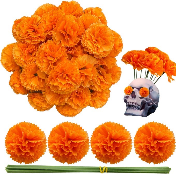MARIGOLD FLOWER HEADS 50PCS MEXICAN MARIGOLD ARTIFICIAL FLOWERS FOR DAY OF THE DEAD DIWALI HOME DIY GARLAND CRAFT WEDDING MEXICAN PARTY DECORATION HALLOWEEN DIA DE LOS MUERTOS DECORORANGE