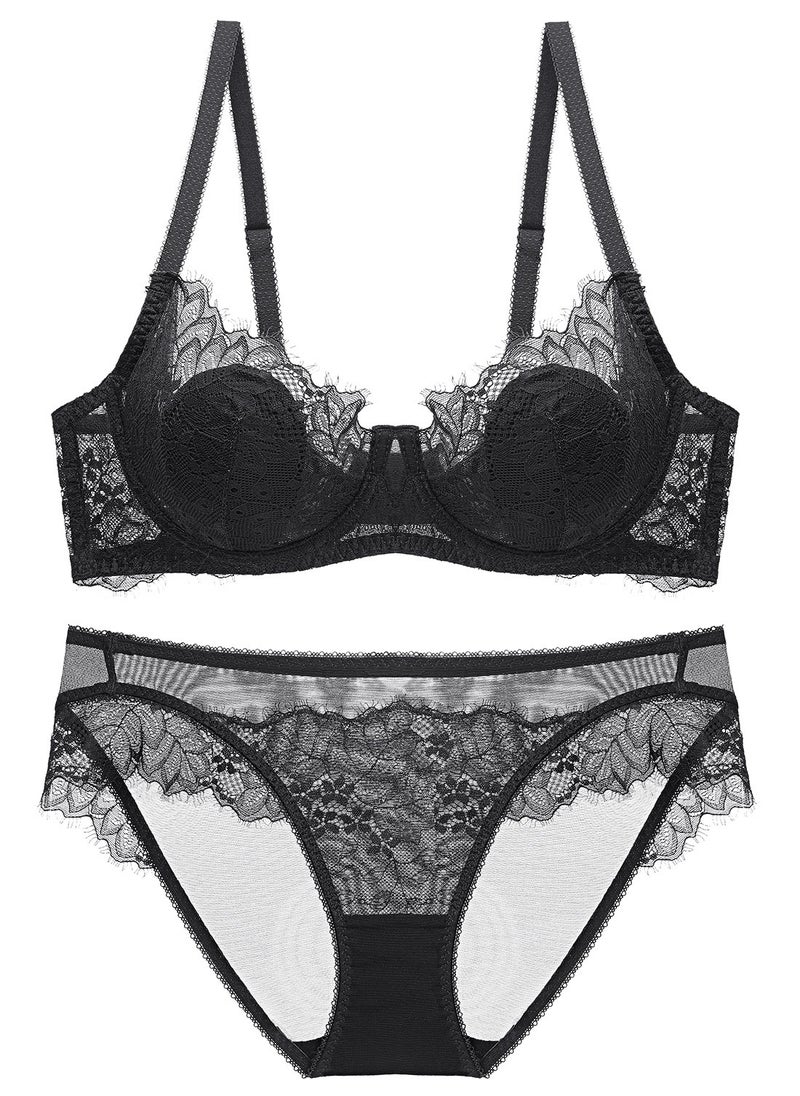Loquat - Comfy Thin Cup Lace Bra And Panty Set Black - Image 1