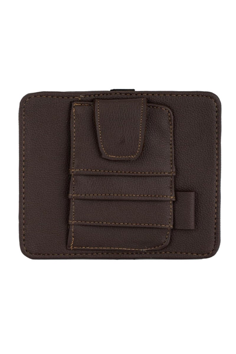 منظم واقي الشمس من الجلد للسيارة - مساحة تخزين واقي الشمس من الجلد الصناعي مع فتحات للبطاقات، وجيب شبكي، ومشبك مغناطيسي للنظارات الشمسية، وحامل أقلام - مناسب للسيارات وسيارات الدفع الرباعي (بني غامق، صغير) - Image 1