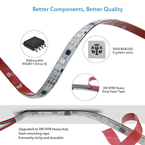 ALITOVE WS2811 Addressable RGB LED Strip 12V Programmable LED Pixel Strip Lights 16.4ft 300 LEDs Dream Color Digital LED Flexible Rope Light Waterproof IP65 with 3M VHB Heavy Duty Self-Adhesive Back - Image 3