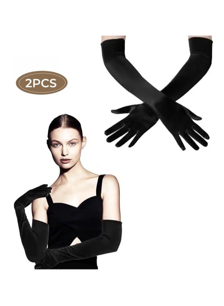 2 Pcs Long Evening Party Gloves for Women,Long Satin Gloves Elbow Length Opera Gloves Princess Wedding Gloves Costume Gloves Bridal Evening Gloves Party Prom(Black) - Image 1