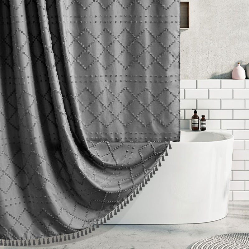 Siiluminisoy Extra Long Boho Grey Woven Fabric 84 Inch Shower Curtain 72 x 84 Tufted Chevron Striped Shabby Chic Textured  Modern Farmhouse Minimalist  Water Resistant Curtain Set for Bathroom  Hotel Decor - Image 1
