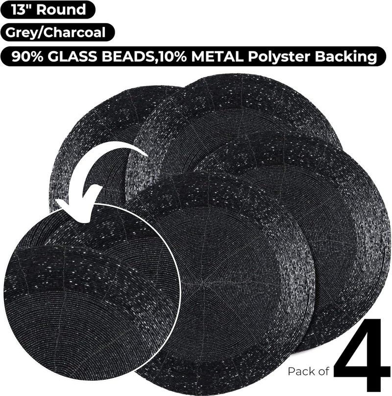 Bedding Craft Beaded PlacematsCharger for dining Table Dia 13 inches Grey CharcoalWire Beaded Placemats round for Gathering Christmas Thanksgiving  Occasional decoration and Parties CelebrationsSet of 4 - Image 2