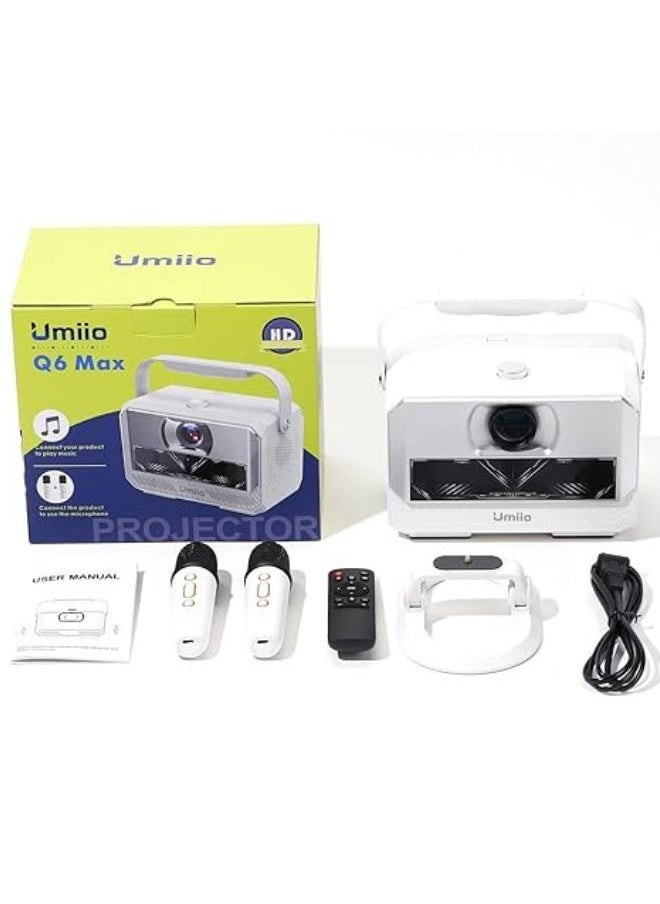 Umiio Q6 Max Smart Portable Projector with Dual Wireless Karaoke Microphones 200" 4K HD Home Theater Android WiFi Bluetooth Projector HDMI/USB Auto Keystone Built-in Speakers