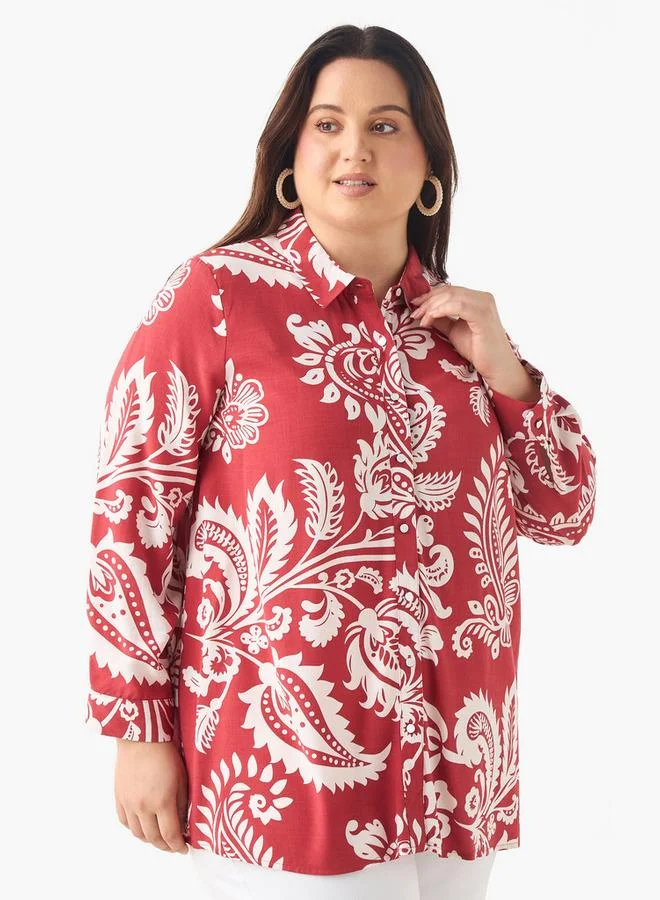 Ulla Popken Plus Size Ulla Popken Printed Shirt with Collar and Long Sleeves
