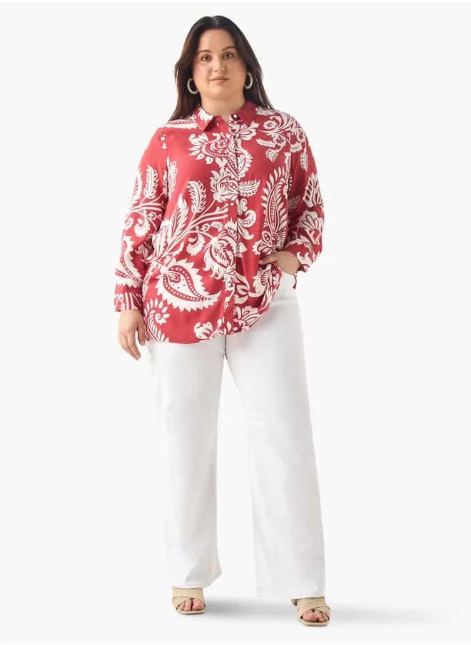  أولا بوبكن Plus Size Ulla Popken Printed Shirt with Collar and Long Sleeves