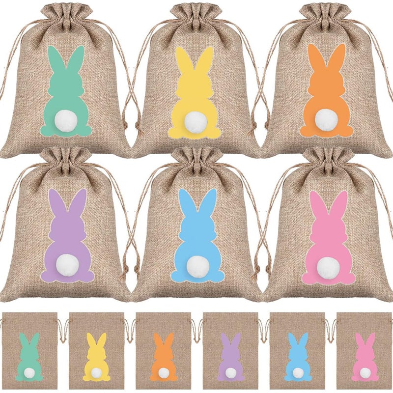 HIPIHOM 24pcs Easter Burlap Bags, Bunny Jute Gift Bags with Drawstring for Candy, Birthday, Wedding Party Favors, Decoration Supplies, 3.9x5.9IN (Brown) - Image 1