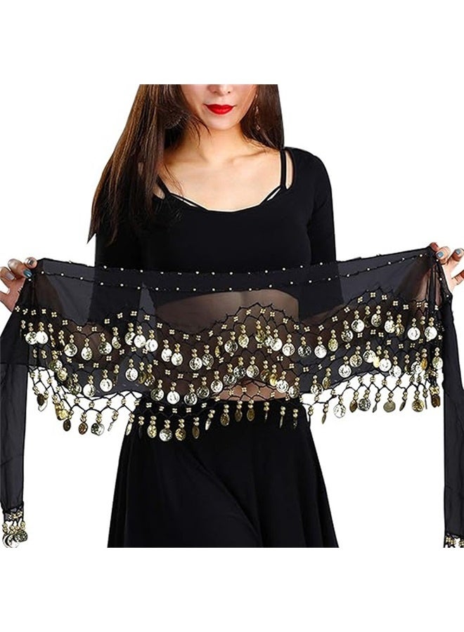 yongsheng Belly Dance Wrap Belt Skirt Black With Gold Coins ，Belly Dance Hip Scarf, Belly Dancing Skirt with 72 Gold Coins, Belly Dancer Belt Scarf Skirt for Women  - Image 1