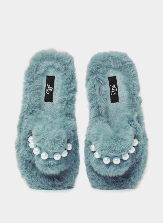 Closet Pearl Detail Faux Fur Bedroom Slippers - Image 3