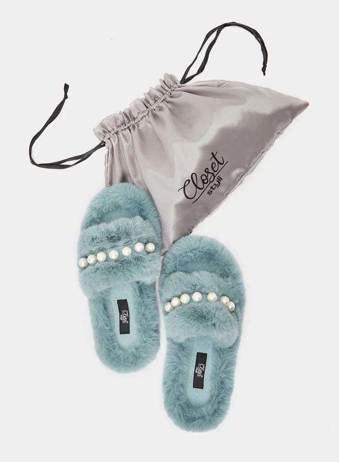 كلوزيت Pearl Detail Faux Fur Bedroom Slippers