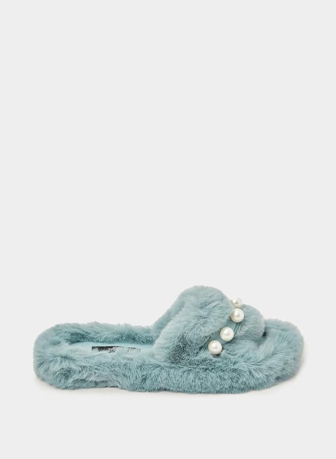 Closet Pearl Detail Faux Fur Bedroom Slippers - Image 1