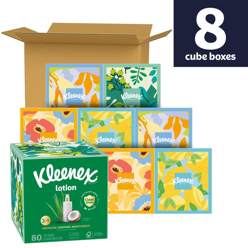 Kleenex Lotion Facial Tissues with Coconut Oil, 8 Cube Boxes, 80 Tissues Per Box, 3-Ply - Image 2
