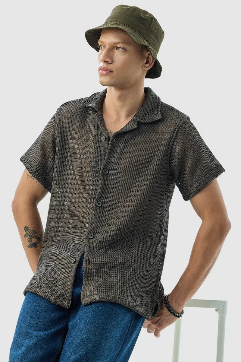 سنيتش قميص كروشيه بقصة صندوقية بلون رمادي داكن