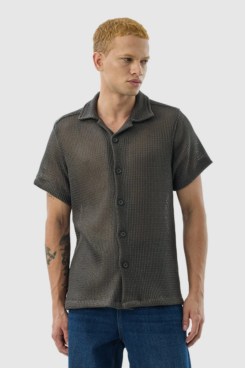 SNITCH Grey Dark Grey Box Fit Crochet Shirt for Men | Best Price UAE