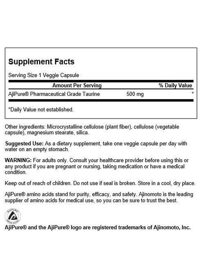 Swanson Amino Acid Ajipure Taurine Pharmaceutical Grade 500 Milligrams 60 Veg Capsules - Image 2