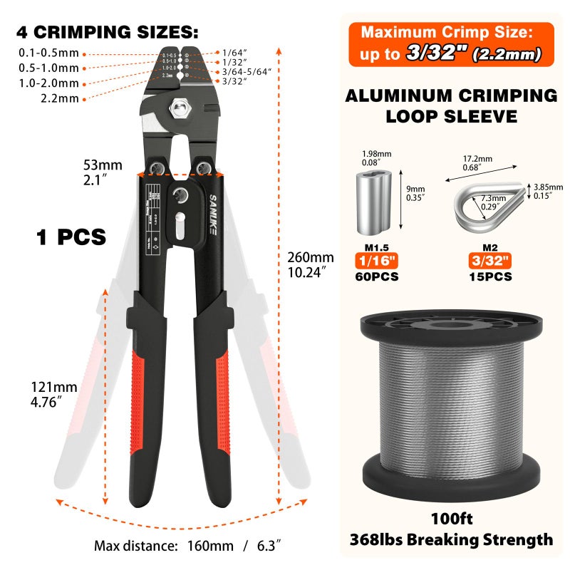 Sanuke Wire Rope Crimp Kit with 100ft 1/16 304 Stainless Steel Cable 7x7 Strand Core, 60PCS 1/16'' Aluminum Crimp Loop Sleeves and 15PCS M2 Wire Rope Stainless Steel Thimble - Image 2