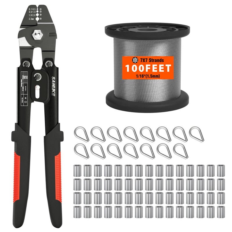 Sanuke Wire Rope Crimp Kit with 100ft 1/16 304 Stainless Steel Cable 7x7 Strand Core, 60PCS 1/16'' Aluminum Crimp Loop Sleeves and 15PCS M2 Wire Rope Stainless Steel Thimble - Image 1