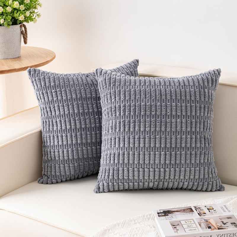 Aegero Pack of 2 Corduroy Decorative Throw Pillow Covers 16x16 Inch Soft Striped Pillow Covers Modern Farmhouse Home Decor for Sofa Living Room Couch Bed（Light Grey） - Image 1