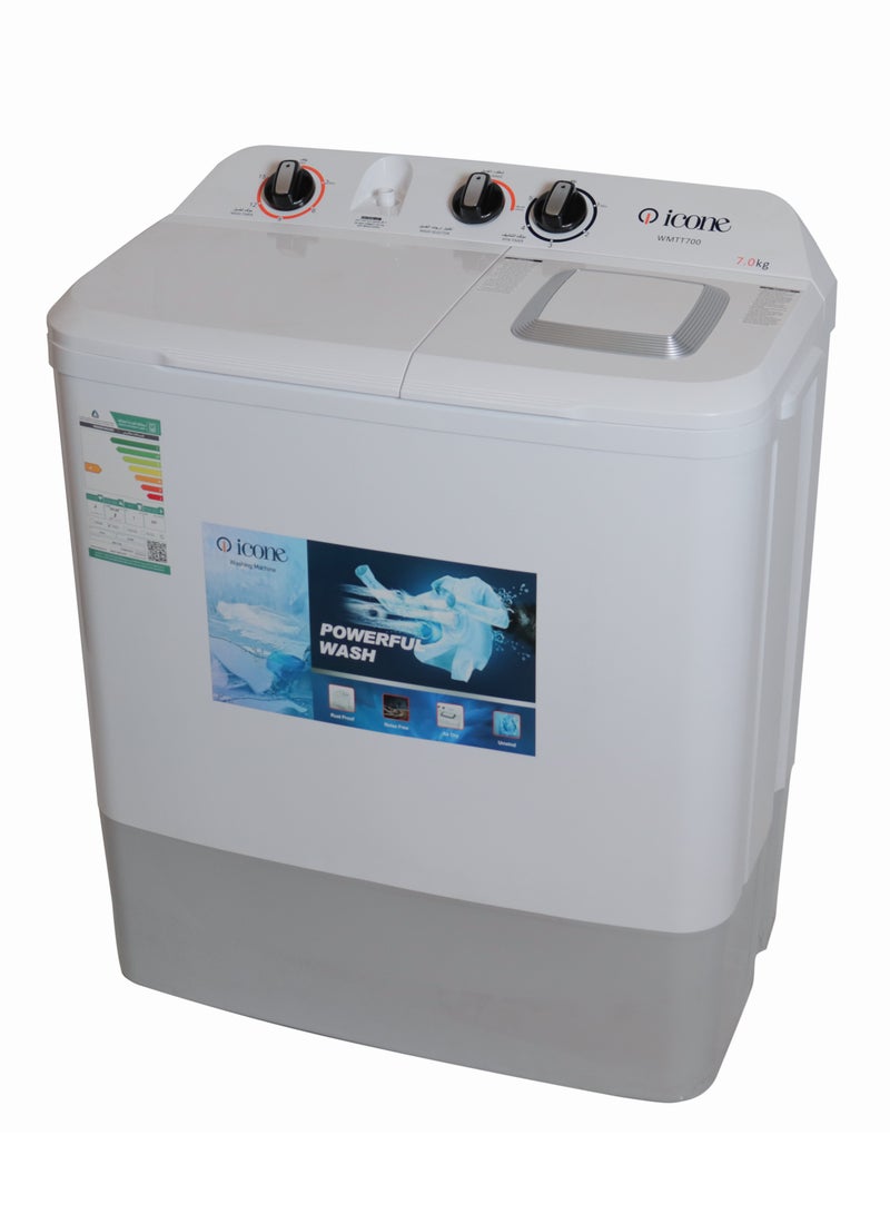 آيكون غسالة ايكون بحوضين سعة 7 كجم – تصميم بلاستيكي مقاوم للصدأ، غطاء علوي شفاف، كفاءة في استهلاك الطاقة والمياه، مع لوحة تحكم خلفية مرتفعة – موديل WMTT700 - Image 1