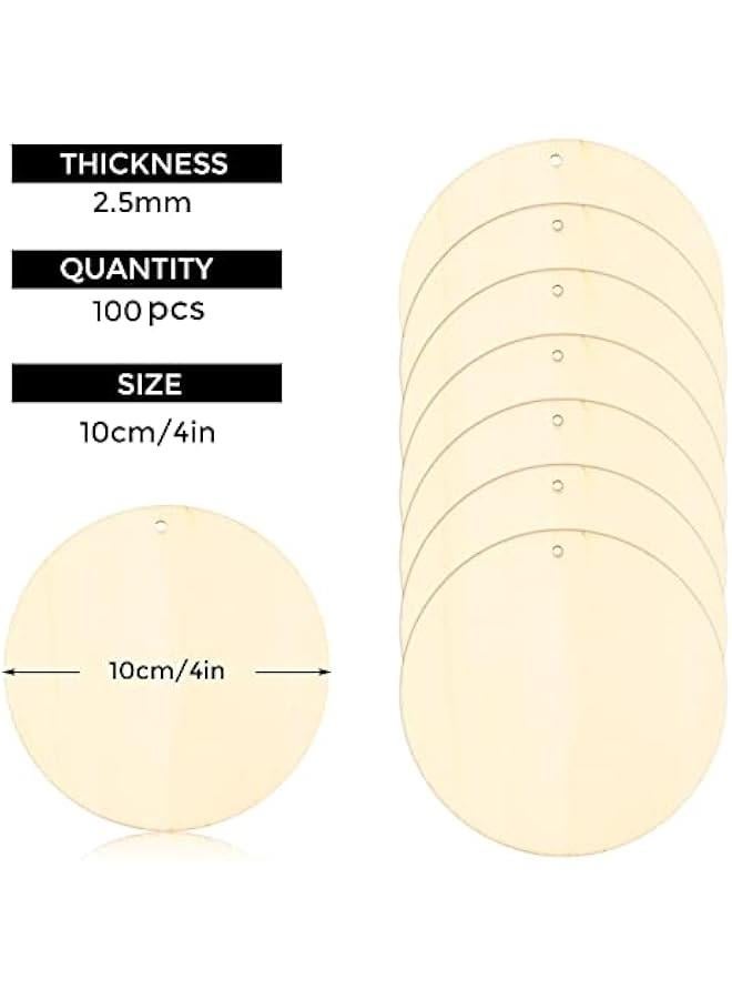 Arabest 100 PCS 4 Inch Wood Circles for Crafts – Round Blank Discs with Holes, Unfinished Wooden Cutouts for DIY, Painting, Staining, Coasters, Home Decor,Laser Engraving Sign Blanks, Ornament Tags - Image 2