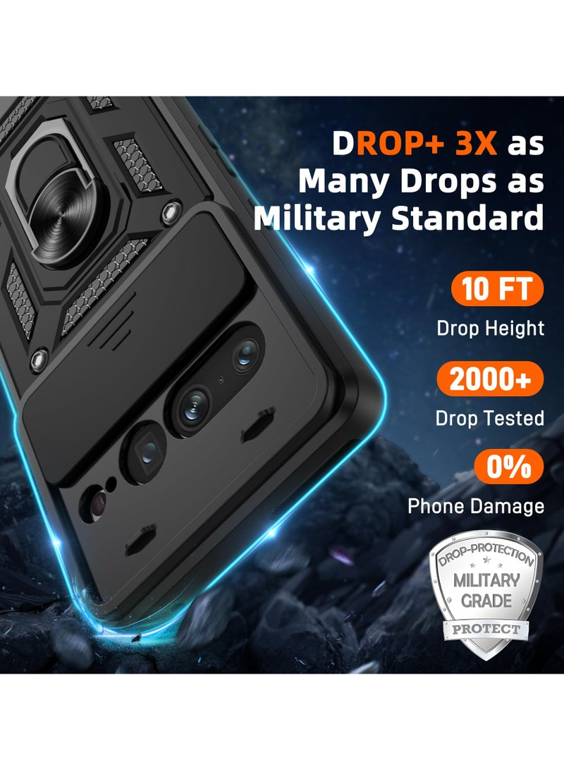 Google Pixel 7 Pro Case, Slide Camera Lens Cover + 360°Rotating Kickstand Ring + Support Magnetic Car Mount Shockproof Mobile Phone Case Black - Image 3