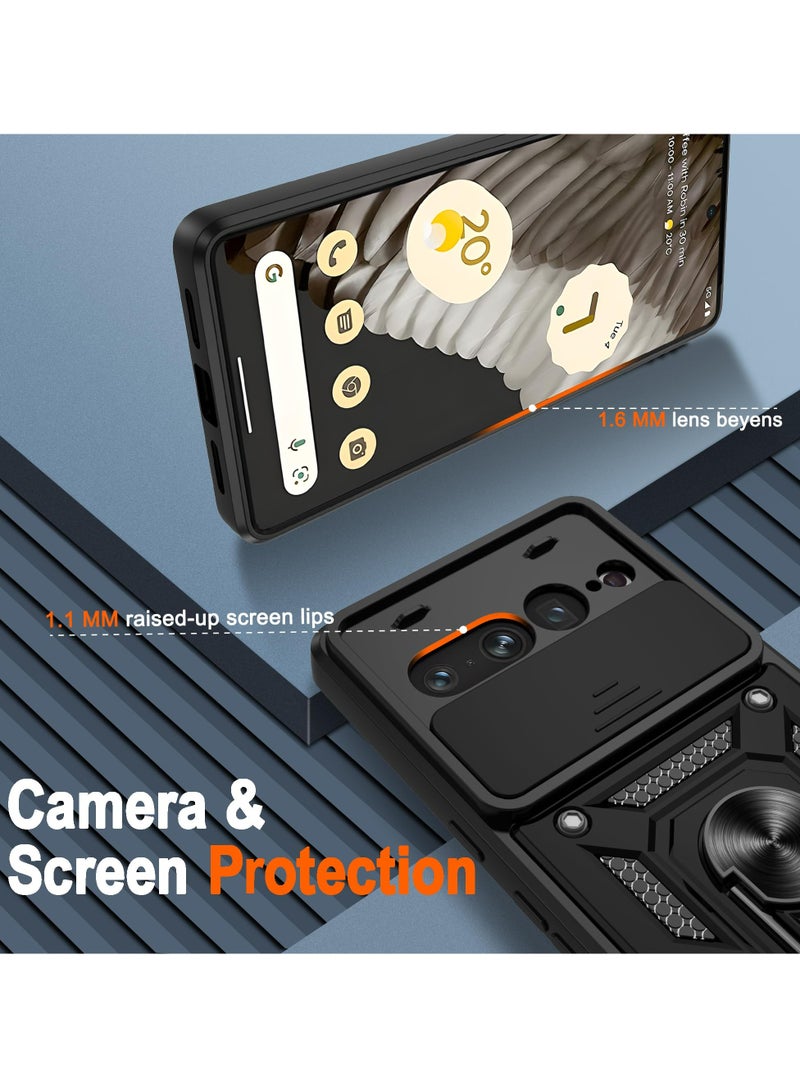 Google Pixel 7 Pro Case, Slide Camera Lens Cover + 360°Rotating Kickstand Ring + Support Magnetic Car Mount Shockproof Mobile Phone Case Black - Image 2