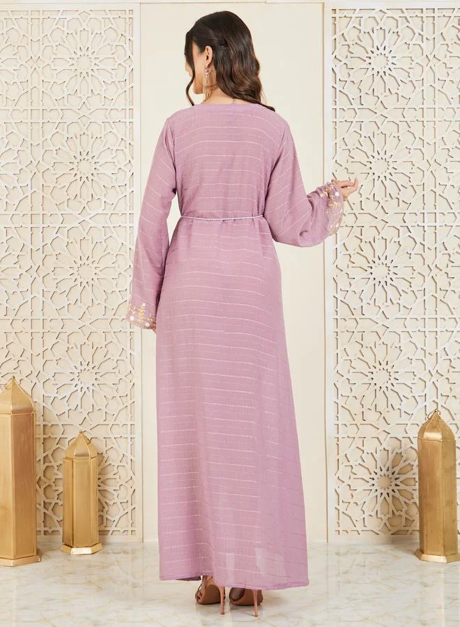 Styli Embroidered Textured Jalabiya with Tie Up Cord