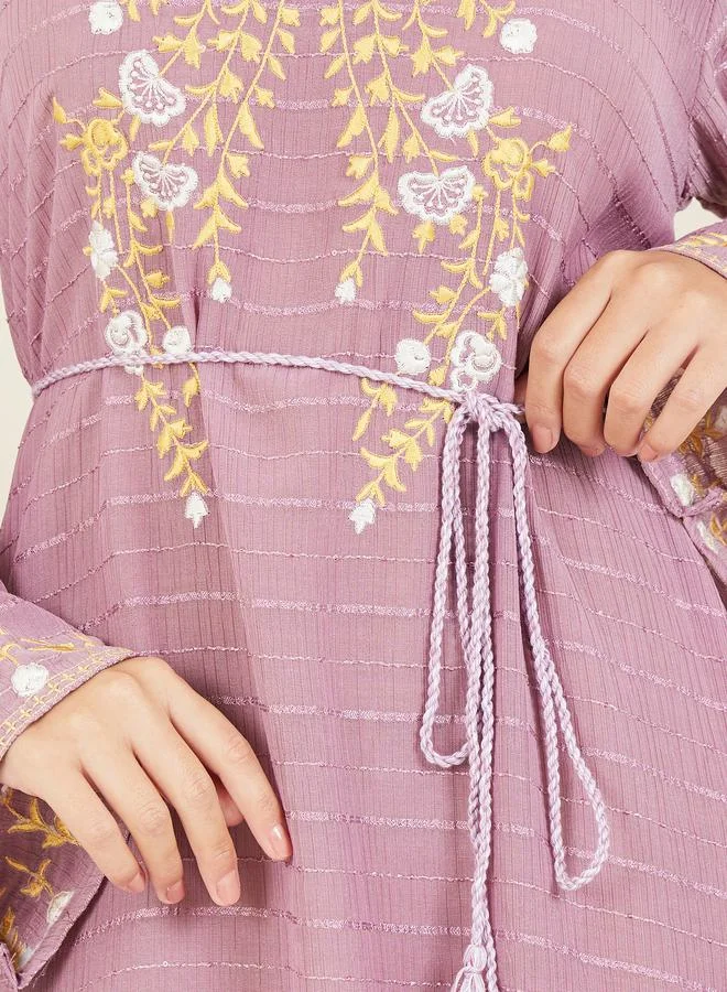 Styli Embroidered Textured Jalabiya with Tie Up Cord
