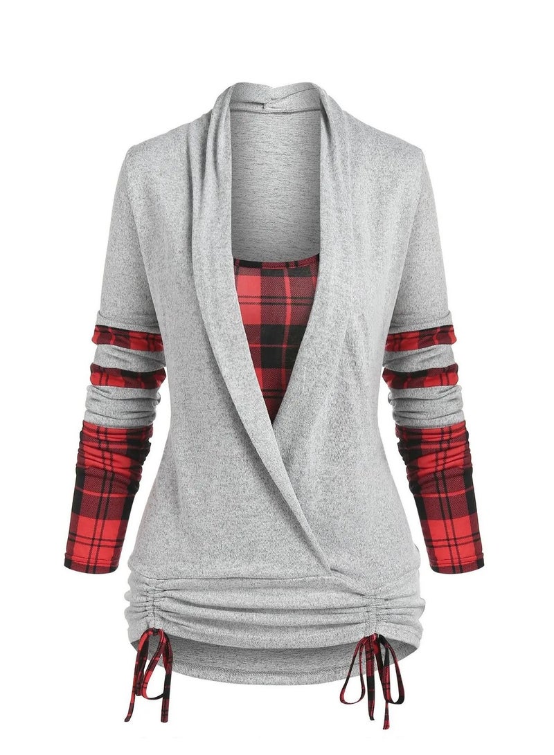Loquat Europe And The United States Popular Plaid Spliced Long Sleeved Hoodie - Image 1