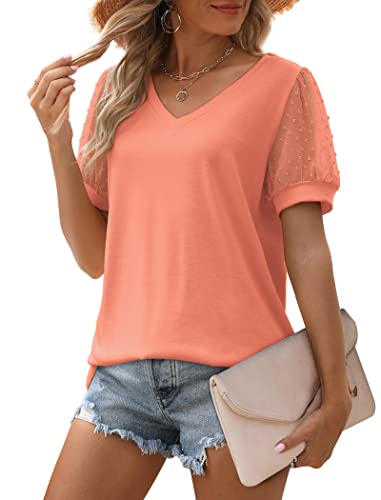 Aokosor Summer Shirts for Women 2025 Beach Mesh Sleeve V Neck T Shirts Casual Spring Tops Coral M - Image 2