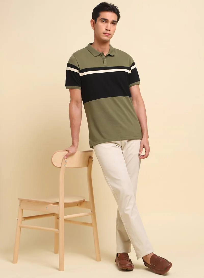 Dennis Lingo Olive Colourblocked Regular Fit Polo Neck T-shirt for Men - 100% Cotton, Half Sleeves, Casual