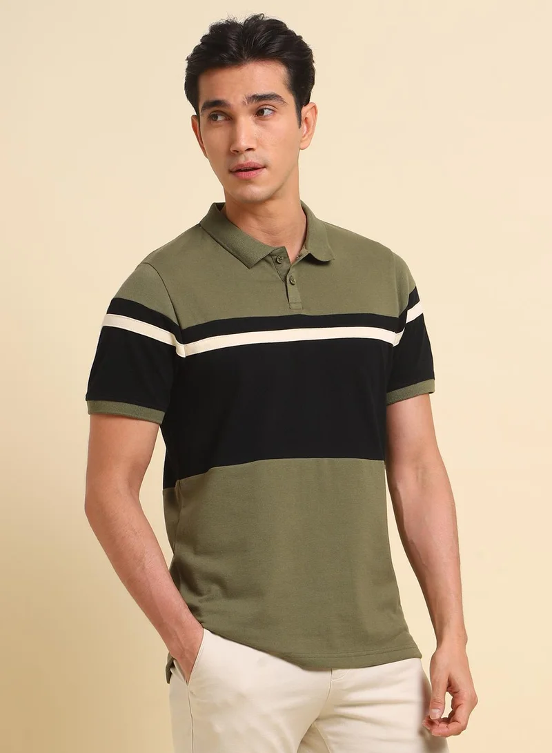 Dennis Lingo Olive Colourblocked Regular Fit Polo Neck T-shirt for Men - 100% Cotton, Half Sleeves, Casual
