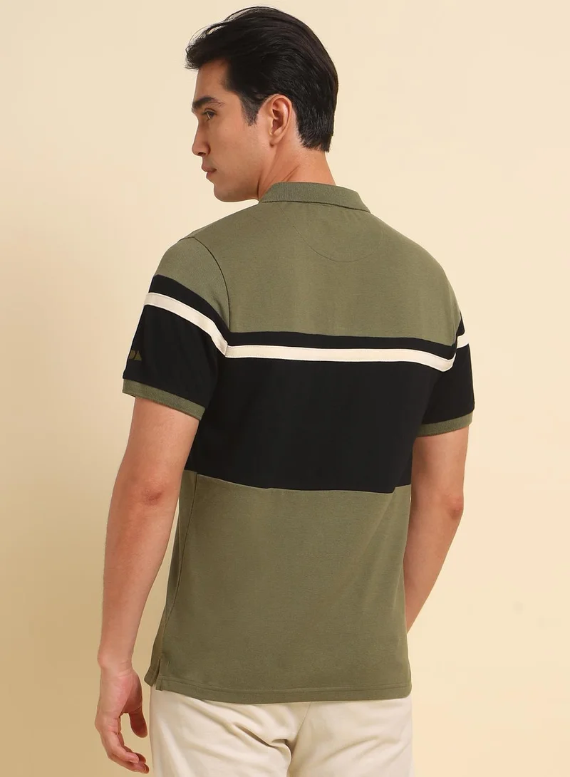 Dennis Lingo Olive Colourblocked Regular Fit Polo Neck T-shirt for Men - 100% Cotton, Half Sleeves, Casual